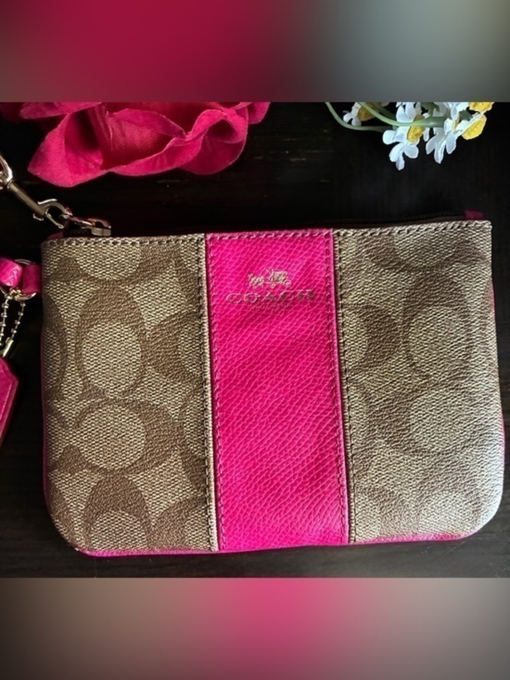 Coach Brown Signature Canvas Wristlet with Bright Pink Stripe